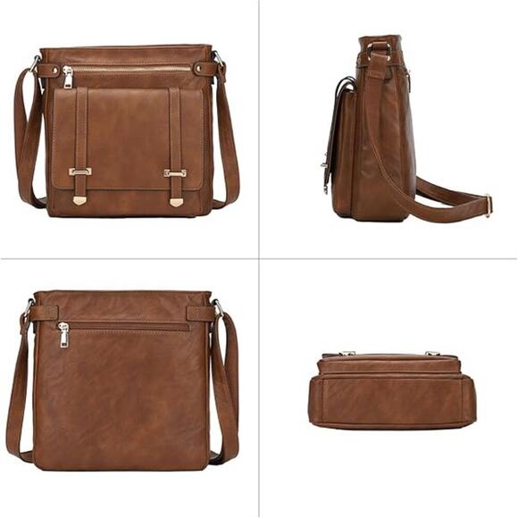 Women's Vegan Leather Crossbody Brown - Chic, Multi-Pocket, Versatile & Stylish - Picture 3 of 7